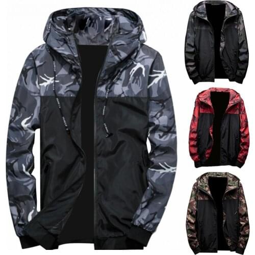 50%HOTMens camouflage print patchwork bomber jacket casual hooded zipper pocket coat trend Korean style mens jacket street hip