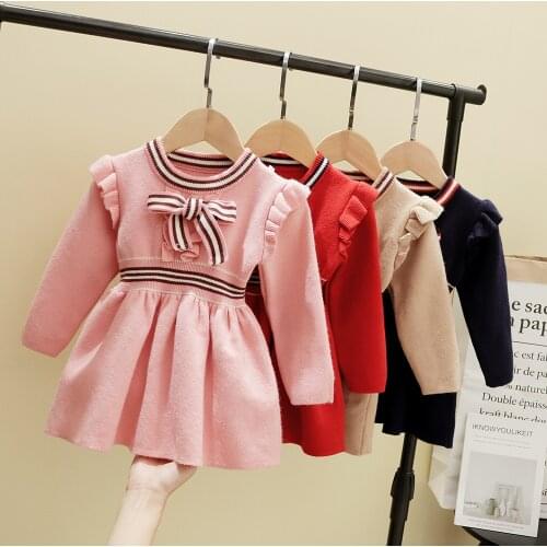 Toddler girl fall clothes 2020 baby girl winter sweater dress kids knitted dress baby girl bow sweet casual dress child clothes