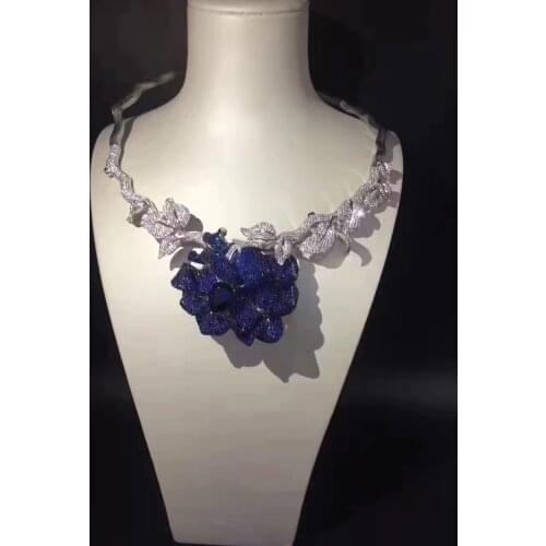 Bride necklace 925 sterling silver with cubic zircon flower torques necklace for party or wedding fine women jewelry blue