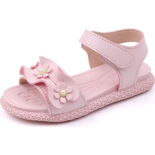 CAPSELLA Kids Girls Elegant Flower Summer Shoes Beash Sandals For Children Hook & Loop Princess Shoes Size 21-30