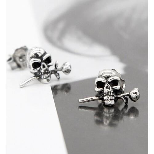 925 Sterling Silver Skull Stud Earrings Skeleton Biting Rose Punk Romantic Love For Men Women Lovers Fashion Jewelry
