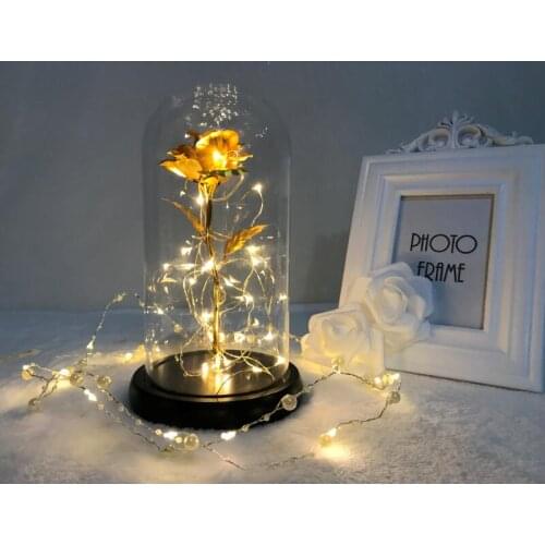 LED Battery Copper wire Romantic Gold Rose In A Glass Dome On A Wooden Base For Valentines Gifts LED Rose Lamps Christmas