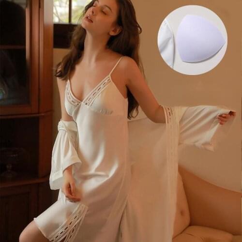 Lisacmvpnel Spring And Summer Lace Sexy Women Robe Set With Breast Pad Ice Silk Two Piece Suit Sleepwear