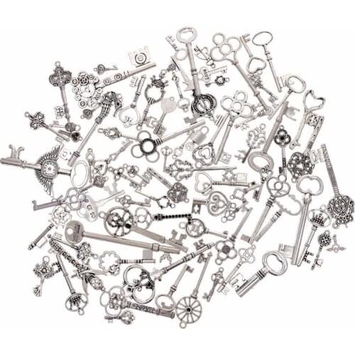 Vintage 80 Pcs/set Silver Plated Assorted Key Theme Charms Pendants Set for DIY Necklace Jewelry Handmade Making Accessories