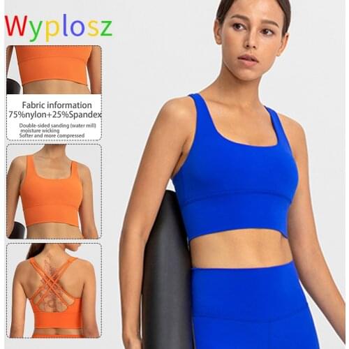 Wyplosz Naked-feel Fabric Shockproof Cross Straps Running Gym Sport Bras Women Widen Hem Push Up Workout Fitness Yoga Crop Top