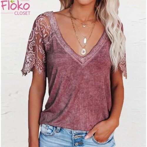 Flokocloset Summer V-Neck Lace Stitching Short Sleeve T-Shirts Casual Loose Women Y2k Tops Tee