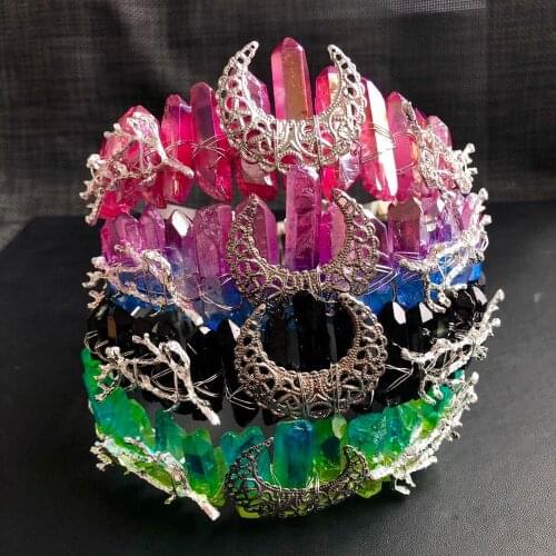 Women Bridal Raw Quartz Hair Comb Contrast Triple Colored Imitation Crystal Stone Wedding Tiara Ponytail Clip Headpiece