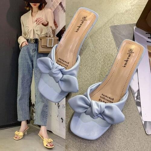 Outside Solid Women Slides Thin Heels Butterfly-knot Casual Summer Ladies Slippers High Heels(5cm-8cm) for Womans Sexy Sandals
