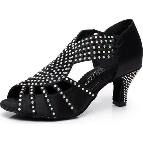 Woman Rhineston Salsa-Dance-shoes Women Stain High Heel Ballroom Latin Dancing Shoes Girls Soft Sole Latino Dance Shoes Black
