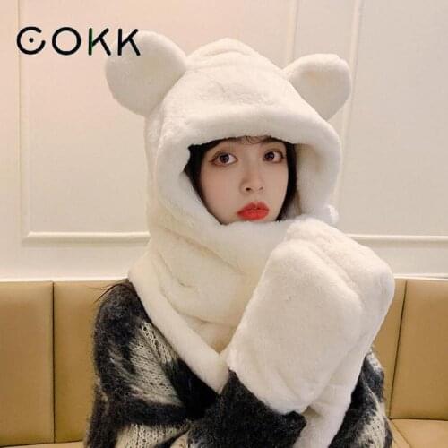 COKK Winter Hats For Women Cute Bear Scarf Gloves One Piece Set Solid Color Faux Fur Soft Thick Warm Beanie Winter Cap Female