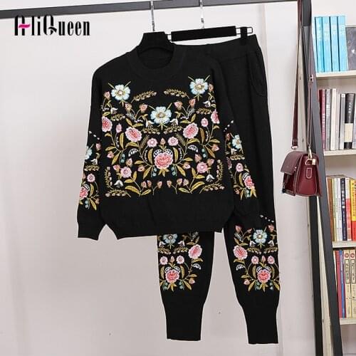 Spring Autumn Women Tracksuit Knitwear Set Embroidery Female Black Sweater Pullover Tops + Pants Sets Casual Two-Piece Set Suits