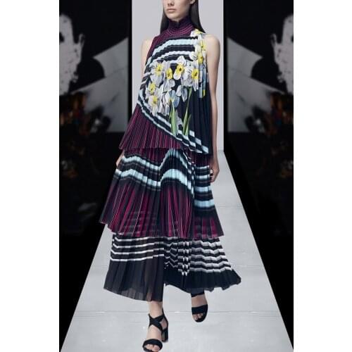 See Orange Vintage Summer Dress Women Robe Femme Ete 2017 New Turtleneck Print Chiffon Layered Dress Sleeveless Long Maxi Dress