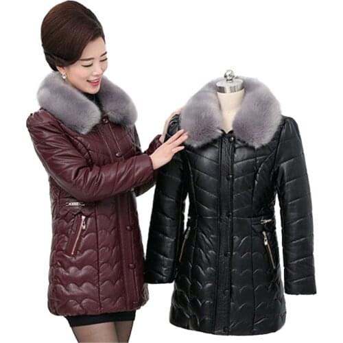 Winter Leather Jacket Women Parkas Fur collar Thicken Cotton Coat Female Warm Tops Washed Leather Cotton-padded Jacket Plus size