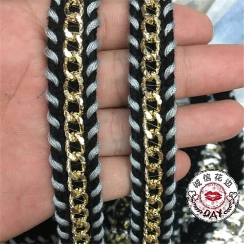 5yards/lot 1.6cm Black Lace Ribbon Gold Chain Beaded DIY Handmade Lace Collar Accessories Beading Braid Lace Trims Dress Fabric