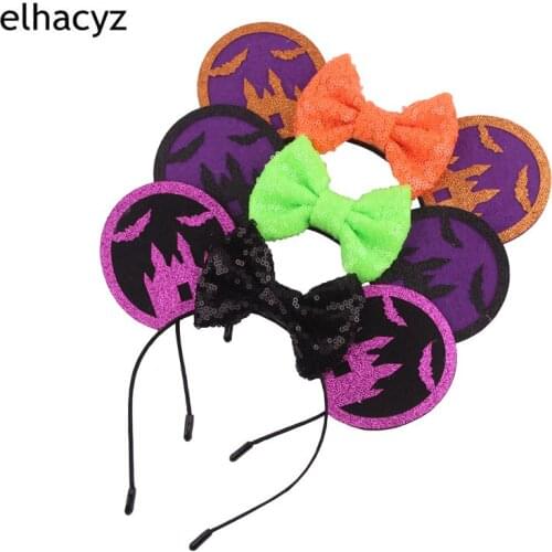 6pcs/lot New Halloween Sequins Bow Glitter Mouse Ears Hairband Bat Black Castle Headband Kids Halloween Headwear Hair Accessory