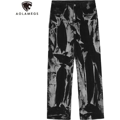 Aolamegs Jeans Men Black Tie Dye Print Fashion Chain Denim Pants Baggy Punk Hipster High Street Jean Trousers Autumn Streetwear