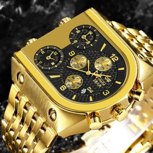 TEMEITE Mens Watches Top Brand Luxury Gold Watch Men 3 Time Zone Big Dial Military Sport Watch Full Steel Clock Reloj Hombre