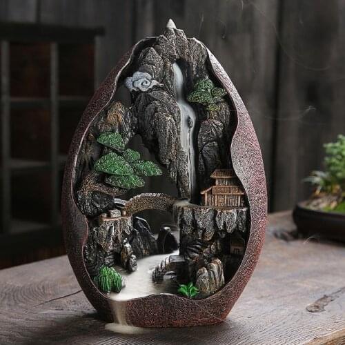 Lofty Mountains And Flowing Water Backflow Incense Burner Cerative Resin Smoke Waterfall Incense Sticks Holder 20 Pcs Cones