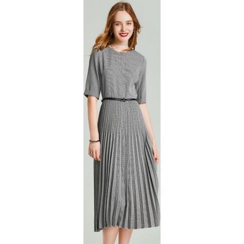 HAVVA 2020 Summer New Houndtooth Accordion Pleated Mid-sleeve Dress Q5839