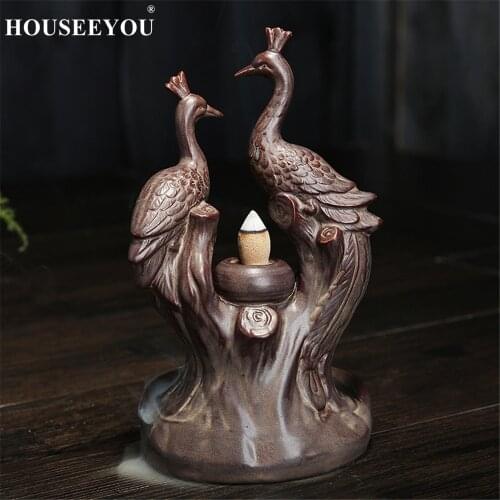HOUSEEYOU The Double Phoenix Backflow Incense Cones Burner Creative Home Decoration Tower Incense Holder Stand Censer Crafts