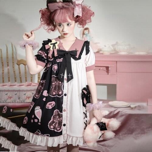 Jaoanese Women Lolita Dress Bear Crown Kawaii Victory Cute Loli Doll Collar Skirt Daily Soft Sister Button Loose Style Ruffles