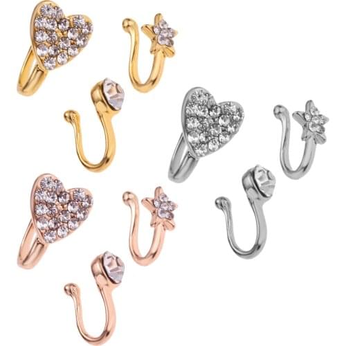 3 Pcs Charm Women Flower Heart Pentagram Crystal Metal Nose Ring Fake Nose Ring Hoop Septum Rings Non Piercing Jewelry