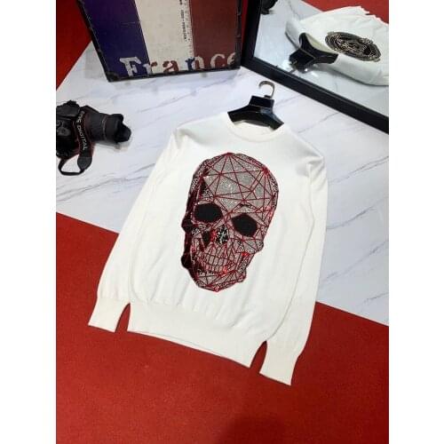 M-5XL Casual Winter Mens Sweater Featuring Rhinestone Skull Style Autumn Street Brand Thick Pullover