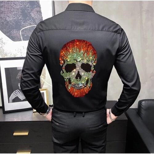 Mens Long-Sleeved T-Shirt High Quality Breathable Business Personality Hot Diamond Dress Spring Black Button Lapel Design Homme
