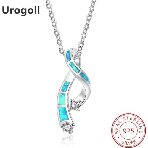 Genuine 925 Sterling Silver Fine Jewelry Blue Opal Geometric Pendant Necklaces For Women Anniversary Silver 925 Jewelry Gifts