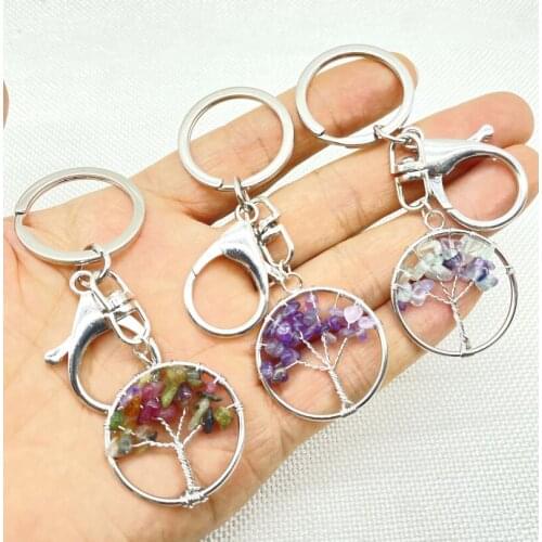 Natural Stone Quartz Crystal Round Tree Of Life Pendant Handmade Key Keychain For Lobster clasp Key Ring Accessories Chain Gift