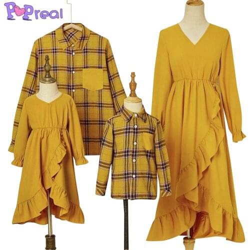 PopReal Parent-Child Outfit Mother And Daughter Shirt Dress Plaid Print Father And Son Shirt Family Clothing Set Lrregular Hem
