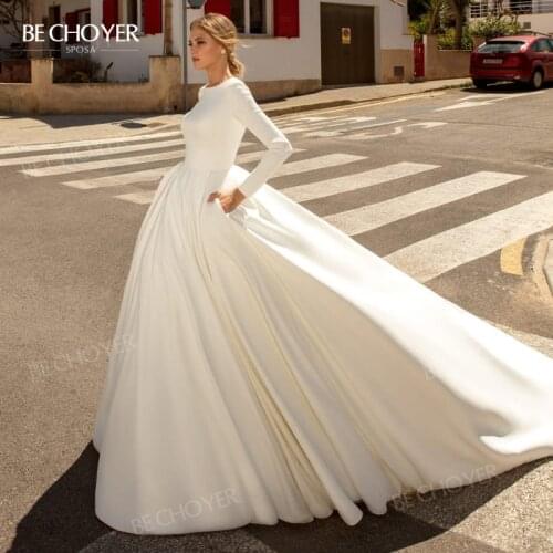 Wedding Dress Long Sleeve Feathers A-Line Open Back Satin Bride Gown 2020 New Princess BECHOYER AT02 Plus Size Vestido de Noiva