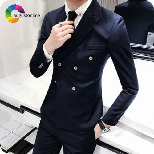 Latest Coat Pant Designs Navy Blue Wedding Suits for Men Double Breasted Slim Fit Male Blazer 2Piece Jacket Pants Groom Tuxedo