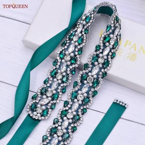 TOPQUEEN S466 Bridal Dress Belts Emerald Green Rhinstone Belt Formal Belt for Women Wedding Decorations Ribbon Belt Sparkly Belt