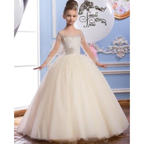 Luxurious Arabic Champagne Girls Dresses Tulle Sheer Long Sleeves Princess Birthday Pageant Gowns Flower Girl Dress for Wedding