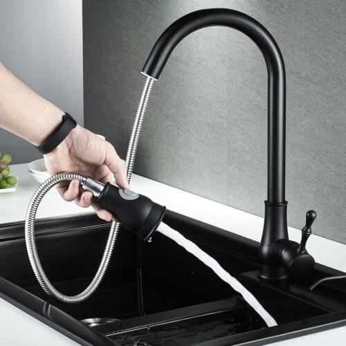 Nordic all copper black pull-out kitchen faucet vegetable washing basin water sink dishwashing sink splash-proof Faucet