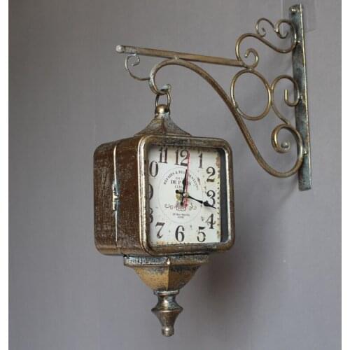 Vintage Creative Wall Clock Fashion Square Metal Double Sided Wall Clock Silent Digital Relogio De Parede Home Decor DJ60WC