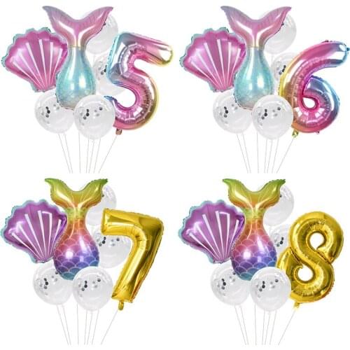 7pcs/lot Mermaid Party Balloons 32inch Rainbow Number Foil Balloon Kids Birthday Party Decor Baby Shower Decor Helium Globos
