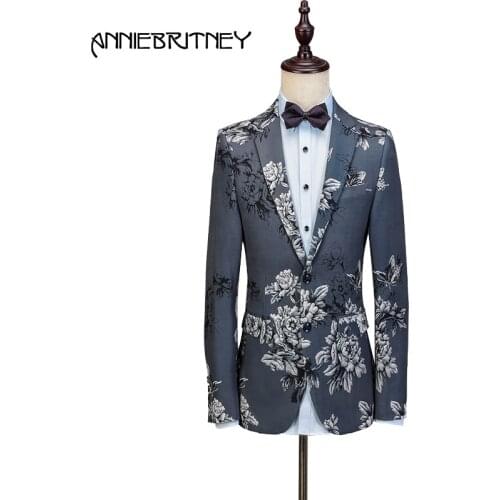 Jacquard Suit Men Wedding Suits Smoking Jacket Grey Pattern Suit Floral Groom Tuxedo Slim Fit Men Blazer Prom Terno Masculino