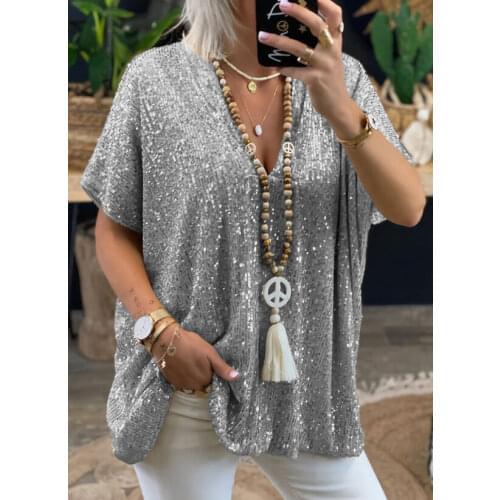 2021 Summer Women t shirt Blouse Sequins V neck Short Sleeve Casual t Shirts Women Loose Pullover Club Party Bousa Women Tops