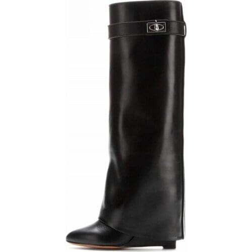 2021 Fashion Shark Lock Women Over The Knee High Boot Female Pointed Toe Wedge Boots Mujer Riding Long Boots