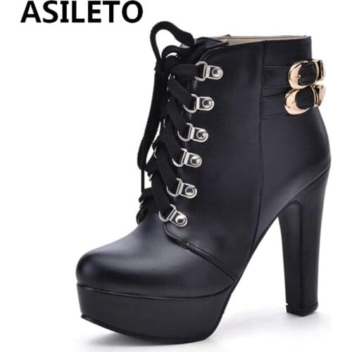 ASILETO 2021 Ladies Ankle Boots Belt Buckle Zip Platforms Nightclub Round Toe Party Block Heel Brown White Yellow Black A4517