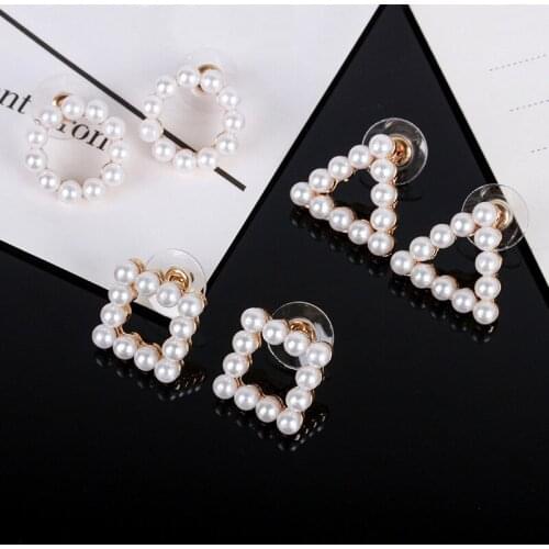 Simulated Pearl Stud Earrings For Women Gold Color Round Square Triangle Charming Earring Geometric Statement Fashion Jewelry