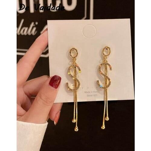 Letter S Tassel Chain Long Earrings Gold Color Women Girls Elegant Dollar Sign Dangle Earrings Fashion Jewelry Female Pendientes