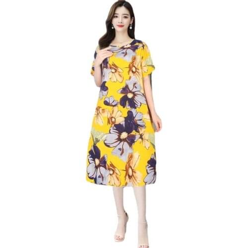 Womens Cotton Silk Printed Dress Mid Length Over Knee Short Sleeve Loose Casual Dress Summer Vacation Breathable Beach Dress