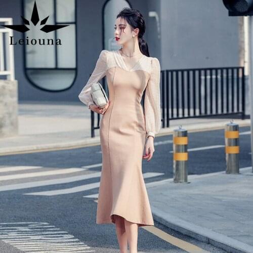 Leiouna Office Lady Casual A-Line 2021 New Fashion Women French Ladys Womens Spring Mid Length Patchwork Buttock Skirt Dress