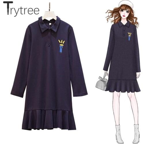 Ttytree Autumn Winter Woman Casual Dress Turn-down Collar Ruffles Button Letter Cartoon 2 Colour Fashion A-line Loose Mini Dress