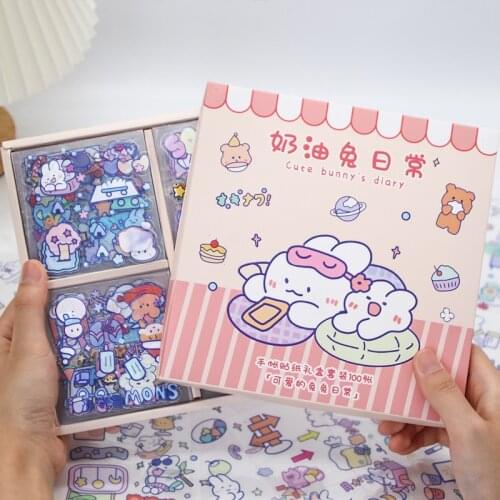 BULA 100 / 25 Sheets Not Repeated Cute PET Stickers High Capacity Cartoon Character Decoration Sticker Gift Box School Supplies