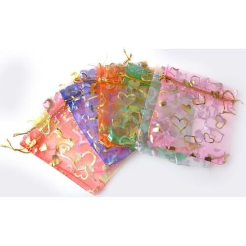 100pcs/lot 11x16cm Hearts Organza Bags Wedding Christmas Drawstring Gift Bag Charm Jewelry Packaging Bags & Pouches 8 Colors
