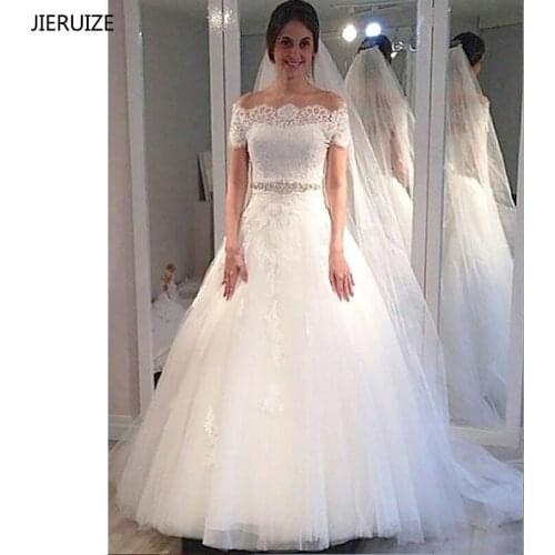 JIERUIZE White Lace Appliques Off The Shoulder Wedding Dresses Short Sleeves Crystals Sash Wedding Gowns robe de mariee